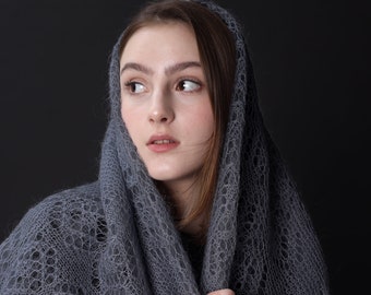 Enveloppement châle tricoté à la main en laine d'Orenbourg, 49,2 x 49,2 pouces / 125 x 125 cm
