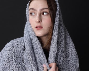 Hand Knit Orenburg Wool Shawl Wrap: Gray Lace Scarf (125 cm / 49.2 inch )