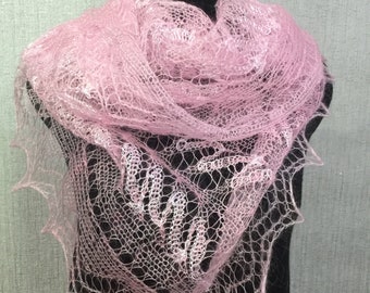 Orenburg hand crochet gossamer scarf shawl in blush pink, 82.7 x 32.3 inch / 210 x 82 cm