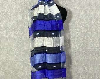 Raw wild silk scarf - Asian see through long scarves in blue and white, 23.6 x 69 inch / 60 x 175 cm