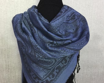 Indigo blue paisley pashmina scarf with fringe