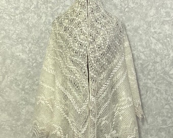 Orenburg shawl - Slavic heirloom ivory knit lace goat down cape, 63 x 63 inch / 160 x 160 cm