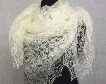 Soft Orenburg shawl - Lace downy bridal wrap - Gossamer hand knit shawls,  53.2 x 53.2 inch / 135 x 135 cm