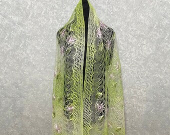 Orenburg antique lace hand knit scarf - Slavic goat down thin gradient shawl with flowers, 30 x 71 inch / 75 x 180 cm