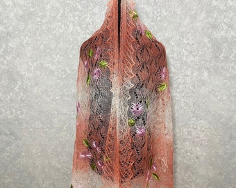 Orenburg flower shawl - Slavic antique knitted scarf, 30 x 71 inch / 75 x 180 cm