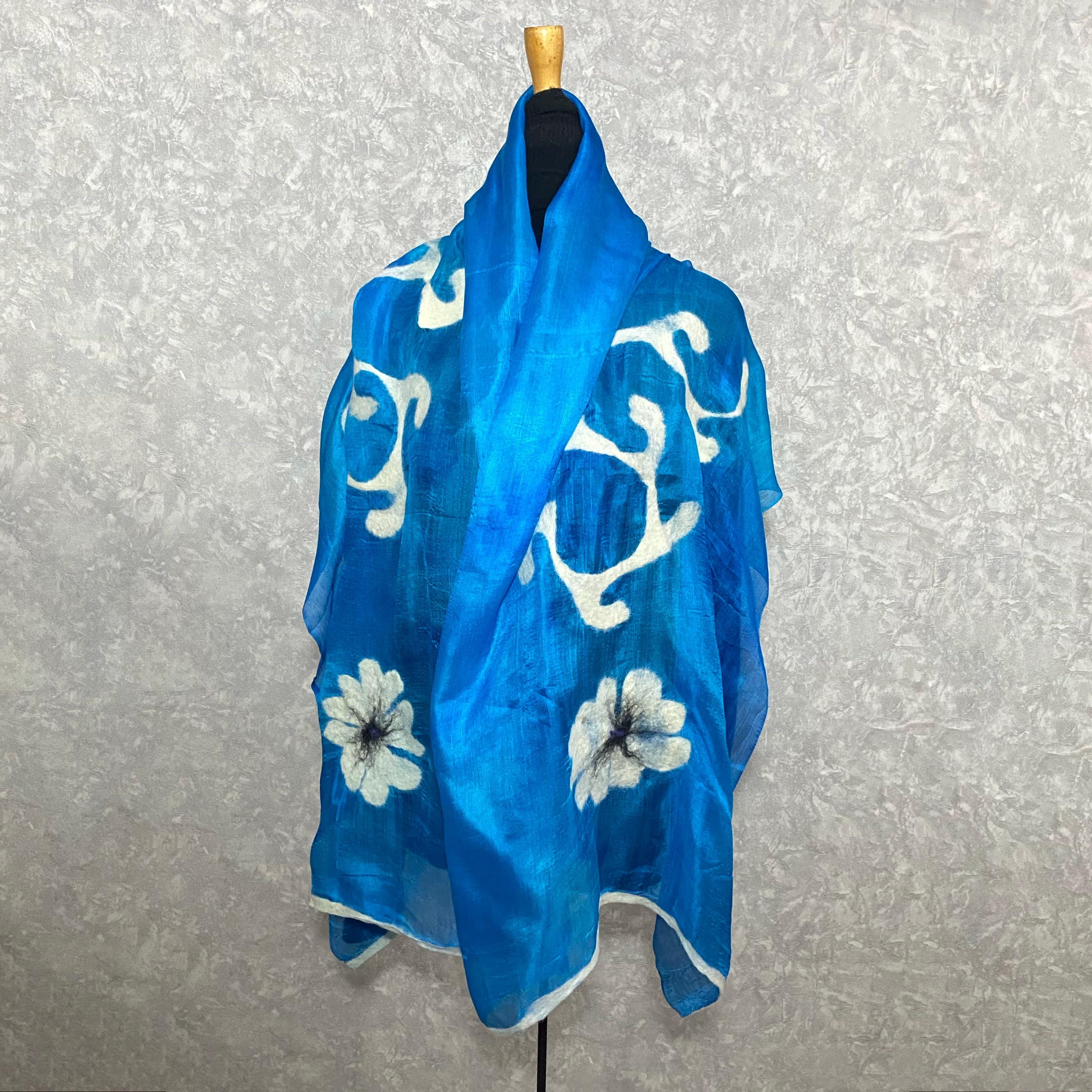Uzbekistan Wild Silk Scarf With Felt Flowers, 60 X 170 Cm / 23.6 X