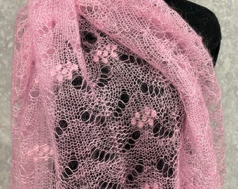 Châle en dentelle tricotée rose d'Orenbourg, 59,1 x 59,1 pouces / 150 x 150 cm