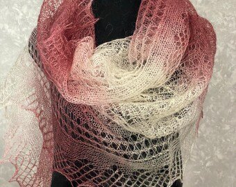 Orenburg antique lace shawl scarf - Slavic hand knitted gradient headscarf, 33.5 x 76.8 inch / 85 x 195 cm