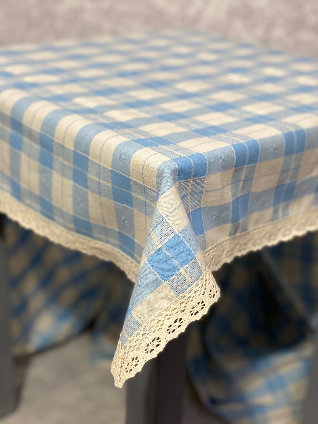 Linen Plaid Tablecloth Large Table Cloth With Lace Trim, 55 X 78.7 Inch