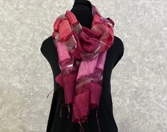 Pure raw wild silk scarf - Oriental sheer striped fringe scarves in different red color shades, 23.6 x 69 inch / 60 x 175 cm