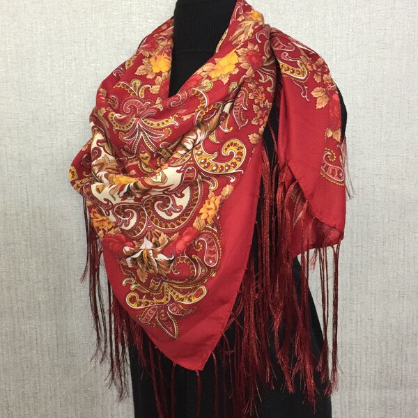 Pavlovo Posad paisley piano shawl - Slavic fringed wool pashmina, 45.7 x 45.7 inch / 116 x 116 cm + fringe