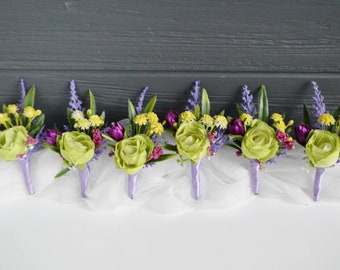 Colorful flower boutonniere Groomsman boutonniere Light green lilac buttonhole Rustic wedding Summer wedding