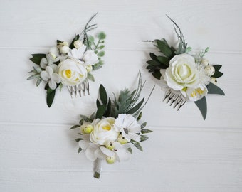 Sage Green Wedding Flower Comb: White Floral Boutonniere Set