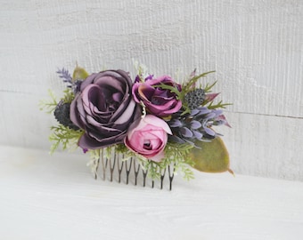 Deep purple lilac pink flower comb Wedding flowers Floral accessories Bridesmaid hair comb Blush flower clip Hair flowers Floral comb