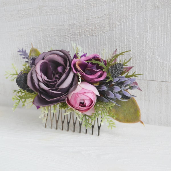 Deep purple lilac pink flower comb Wedding flowers Floral accessories Bridesmaid hair comb Blush flower clip Hair flowers Floral comb