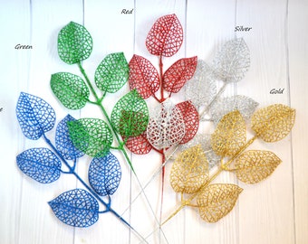 Christmas artificial leaves, Faux plants, Glitter greenery, Plastic leaves, Wreath filler, Craft leaves