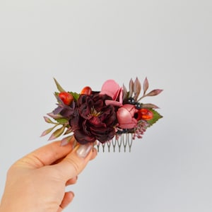 Burgundy mauve rust flower comb Bridal hair comb Wedding hair piece Floral clip Hair comb Bridal flower clip