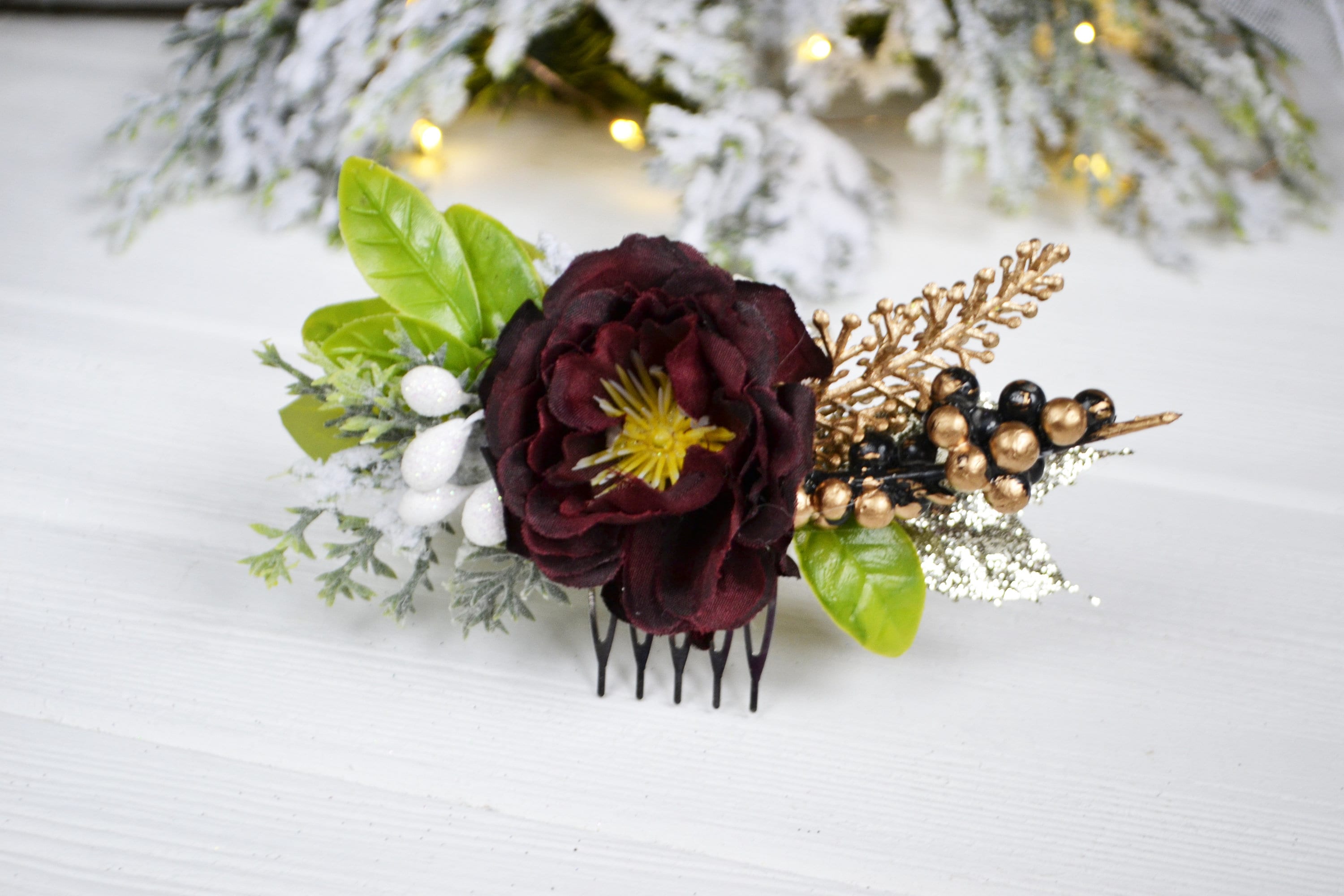Burgundy Flower Hair Comb: Gold Leaf Winter Hairpiece