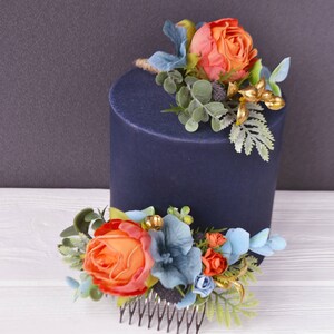 Orange dusty blue flower comb Tropical floral clip wedding Beach wedding Bridesmaids combs image 6