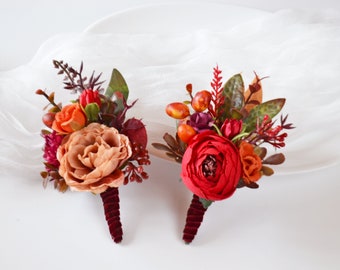 Red orange flower accessories, Tropical floral wedding, Wedding boutonniere, Flower wrist corsages, Autumn bracelet