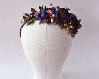 Burgundy nawy blue gold flower crown Bridal hairpiece Floral hairband