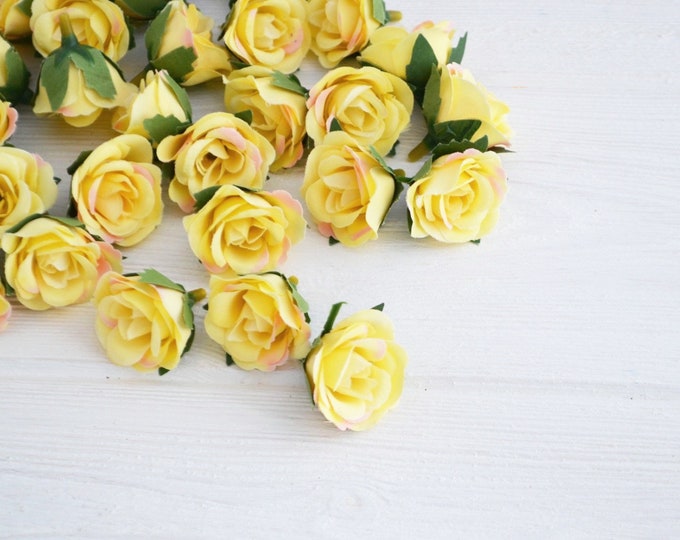 25 Yellow Mini Artificial Roses Fake Rose Silk Flowers Small Rose Faux ...