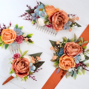 Rust dusty blue white wedding set Fall wedding Flower comb Boutonniere Wrist corsage Flower girl Groom Fiance Bridal comb image 7