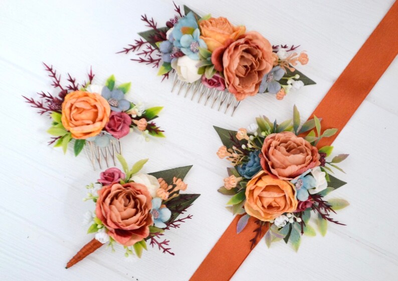 Rust dusty blue white wedding set Fall wedding Flower comb Boutonniere Wrist corsage Flower girl Groom Fiance Bridal comb image 7