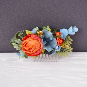 Orange dusty blue flower comb Tropical floral clip wedding Beach wedding Bridesmaids combs image 3