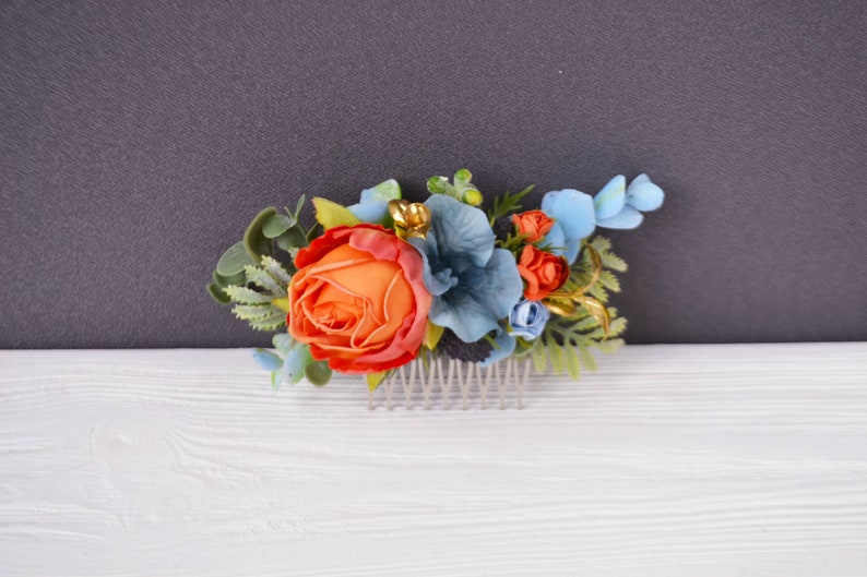 Orange dusty blue flower comb Tropical floral clip wedding Beach wedding Bridesmaids combs image 3