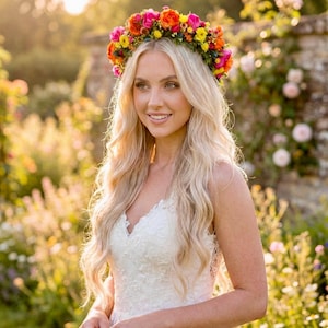 Farbenfrohe Blumenkrone: Pink, Orange, & Gelb Boho Haarband