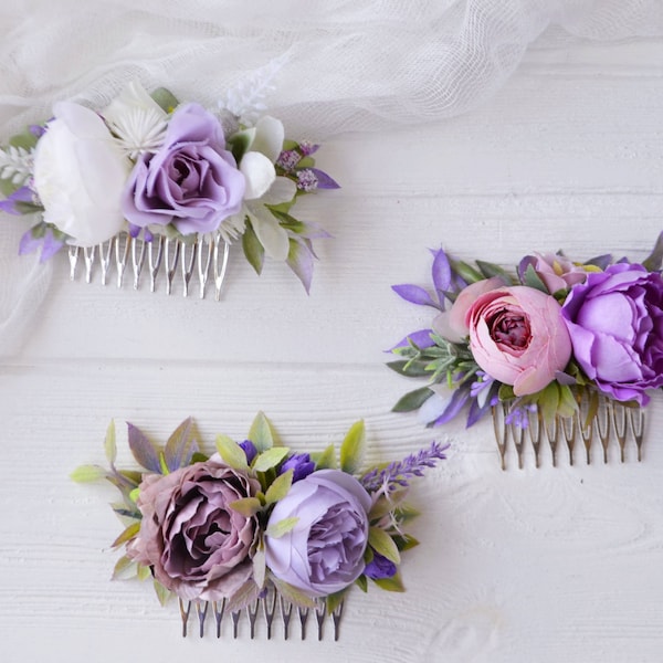 Lavender flower comb Blush pink floral accessories Bridesmaid flowers Lilac floral combs