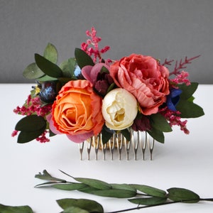 Rust ivory navy blue flower comb Wedding hair flowers Burnt orange accessories Burgundy hairpiece Bridesmaid headpiece