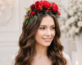 Red Rose Flower Crown Bridal Hair Wreath Festival Wedding Hair Accessory