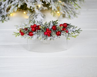 Red flower comb Winter hair comb Winter floral comb Christmas comb Winter wedding comb Bridal headpiece Floral clip