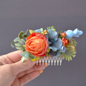 Orange dusty blue flower comb Tropical floral clip wedding Beach wedding Bridesmaids combs image 2