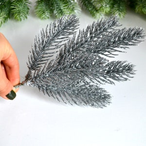 Christmas artificial greenery, Silver pine stems, Glitter pine stems, Holiday decor, Christmas Craft, Winter wreath filler