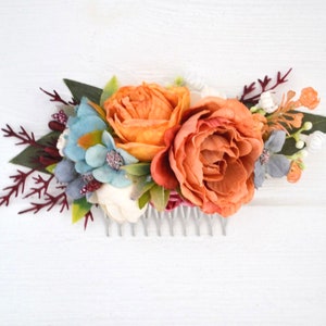 Rust dusty blue white wedding set Fall wedding Flower comb Boutonniere Wrist corsage Flower girl Groom Fiance Bridal comb Comb