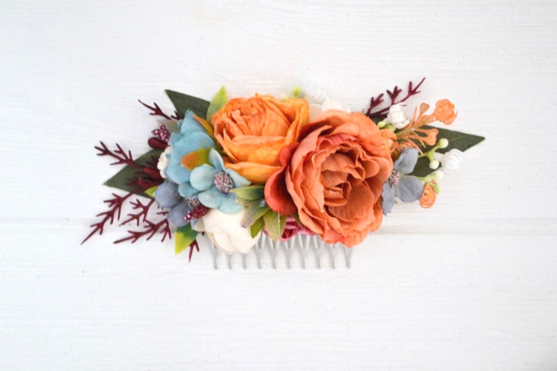 Rust dusty blue white wedding set Fall wedding Flower comb Boutonniere Wrist corsage Flower girl Groom Fiance Bridal comb Comb