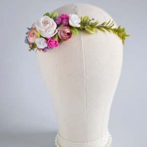 Pink white flower crown Girl floral wreath Flower girl crown Flower crown kid Women flower crown Bridal floral headband
