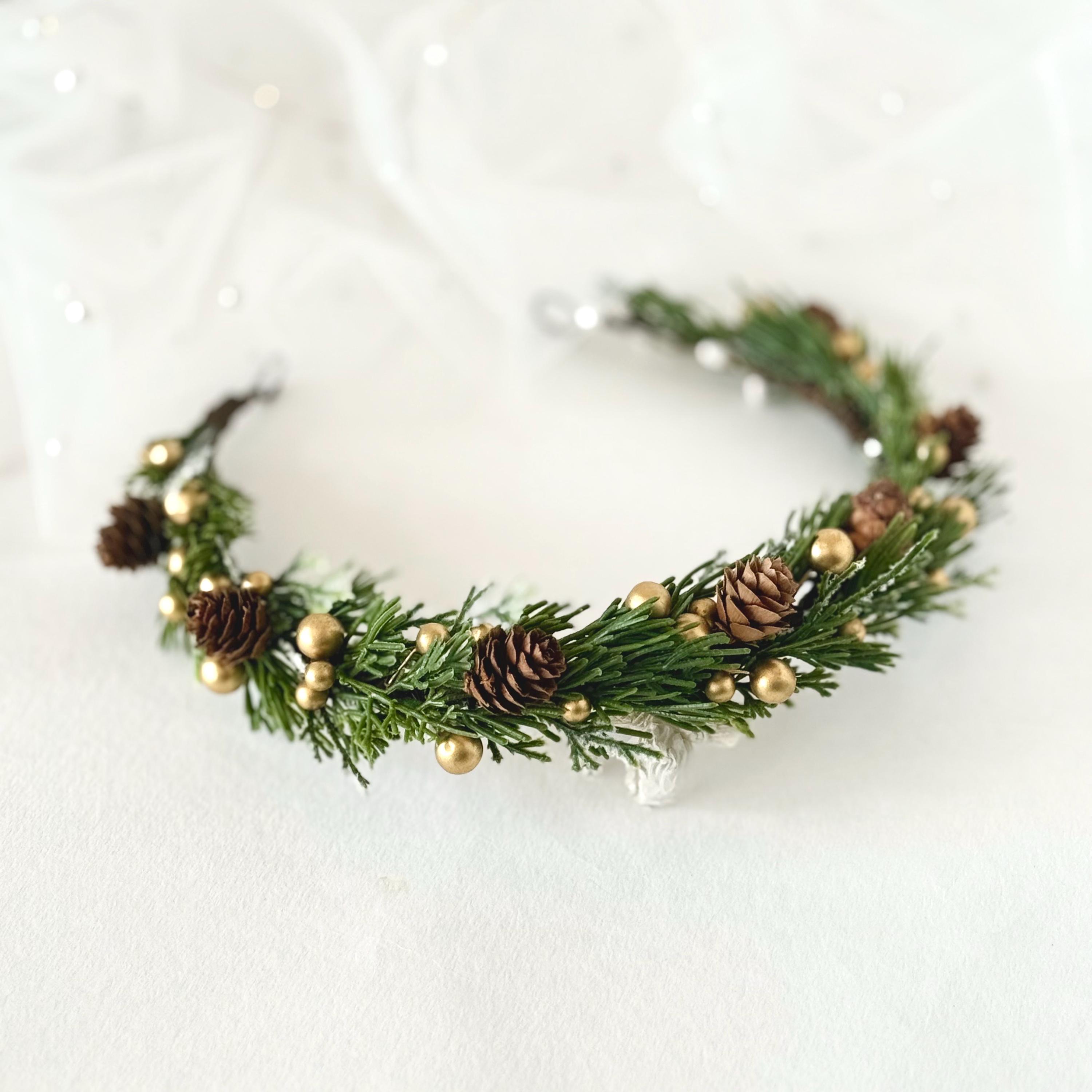 Winter hair crown Gold berris Dry pine cones hair wreath Christmas headband Fall winter wedding Winter floral crown