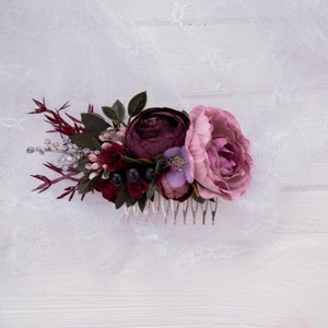 Burgundy mauve flower comb Flower accessories Wedding flower hair comb Bridal headpiece Hair accessories Floral clip