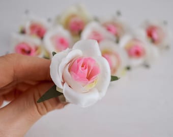 Mini Silk Rose Heads: White & Pink Floral DIY Craft Supplies (1.57in)