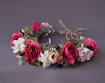 Red Ivory Flower Crown: Bridal Headpiece, Floral Girl Headband