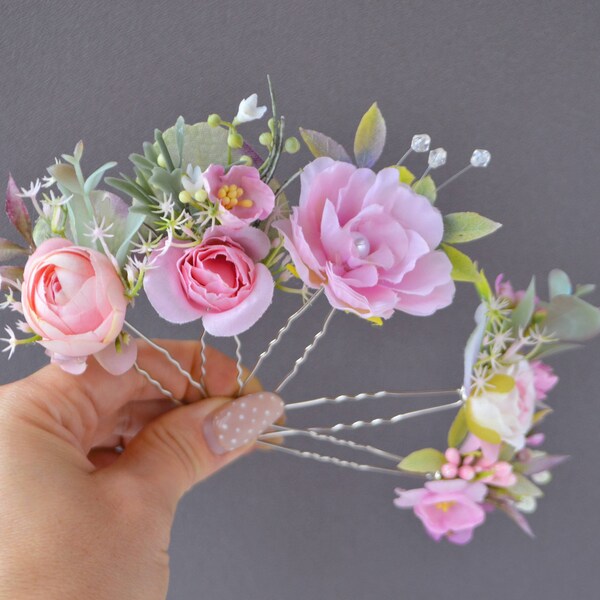 Set of 5 Blush pink hair pins Lilac flower pins Bridal hairpiece Floral hair pins Pastel wedding Fall wedding