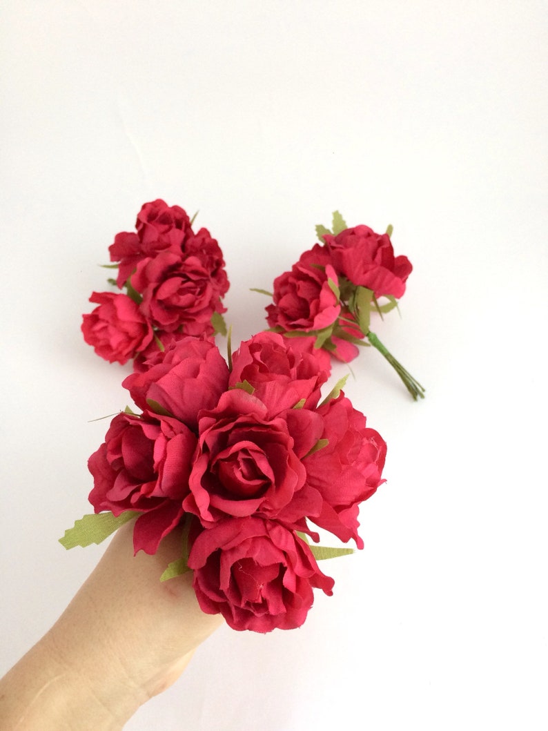 Mini bouquet Small roses Fake flowers Silk Artificial Rose in Crimson Faux roses