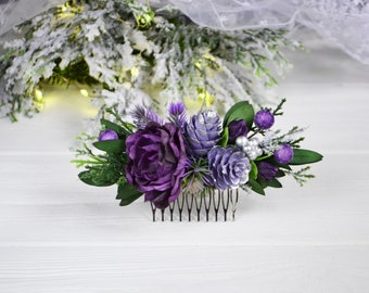 Winter plum purple hair comb Flower comb for bride Purple head piece Winter Wedding hair piece Cones