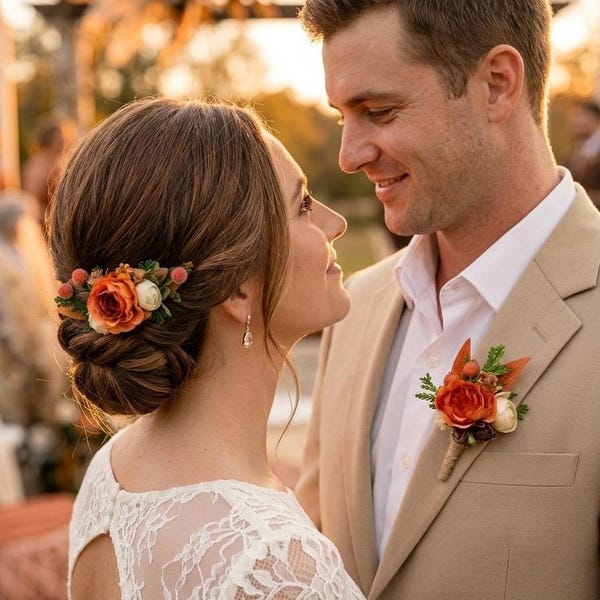 Rust Flower Wedding Hair Comb & Boutonniere Set: Autumn Floral Accessories