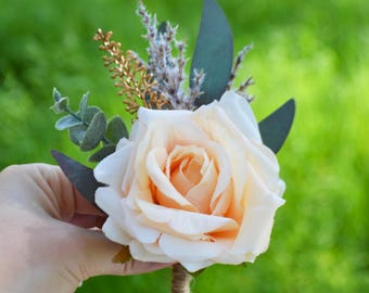 Peach Rose Boutonniere: Groom and Groomsmen Flower
