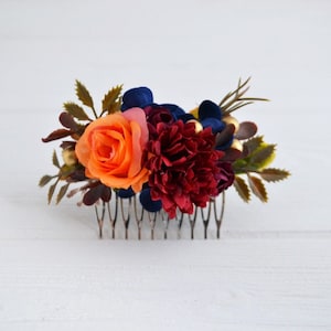 Orange navy blue deep red flower comb Wedding floral comb Boho hair comb Floral headpiece Bridesmaid comb Bridal comb